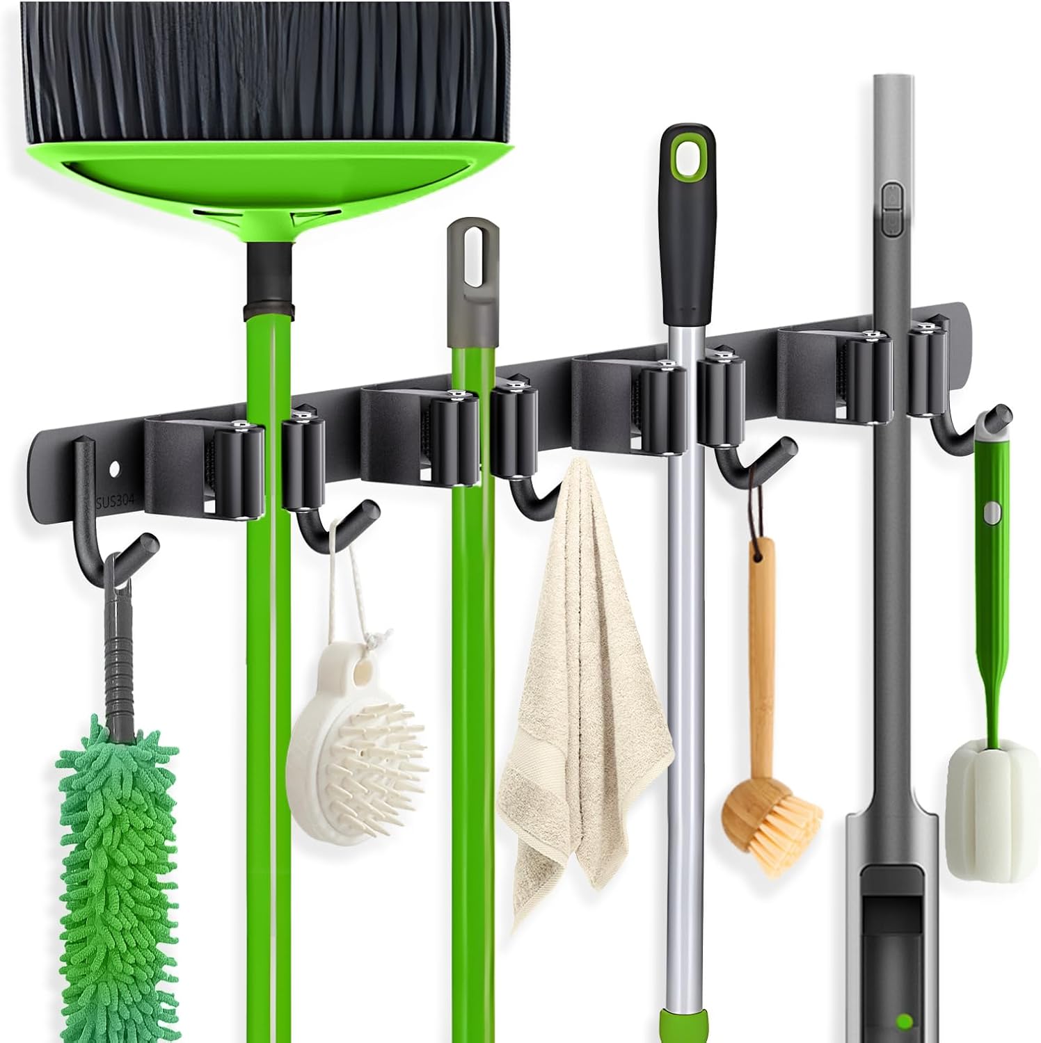 ZONGOOL Wall Mount Broom Holder - 4 Racks & 5 Hooks for Home Organization | Black Metal Tool Hanger