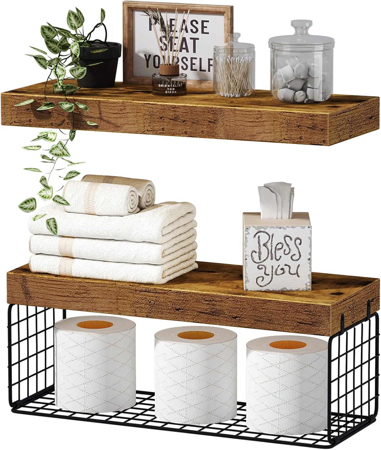 QEEIG Floating Shelves Set of 2 - 16 Inch Farmhouse Design | Perfect for Bathroom or Living Room