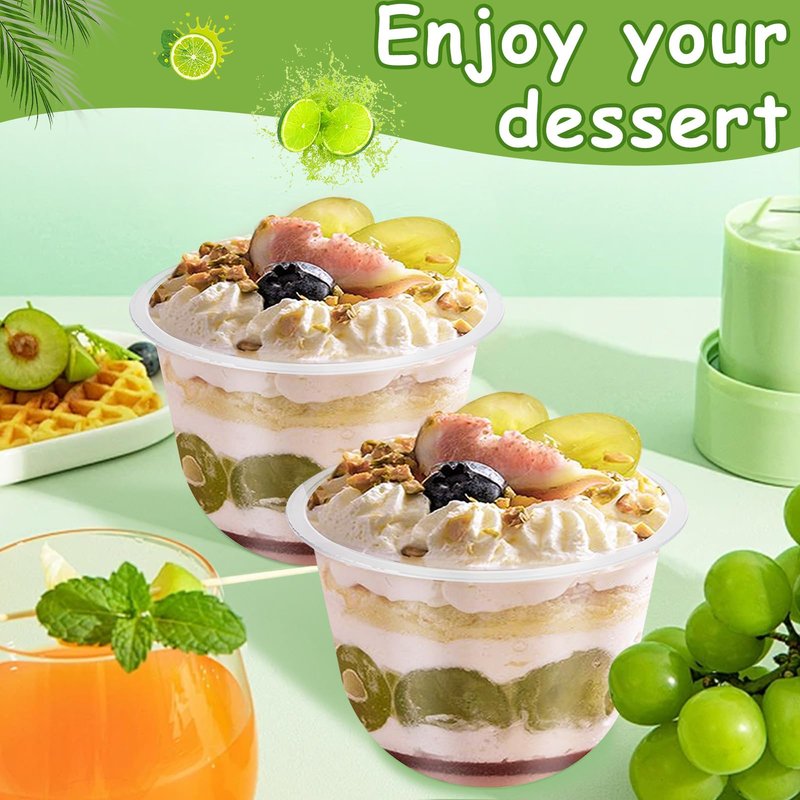 LOPYXBR 100 PCS 10 Oz Plastic Parfait Cups with Flat Lids Disposable Dessert Cups with Lids Clear Plastic Fruit Cups Snack Cups with Lid for Iced Cold Drinks,Cake, Fruit, Parfait, Pudding