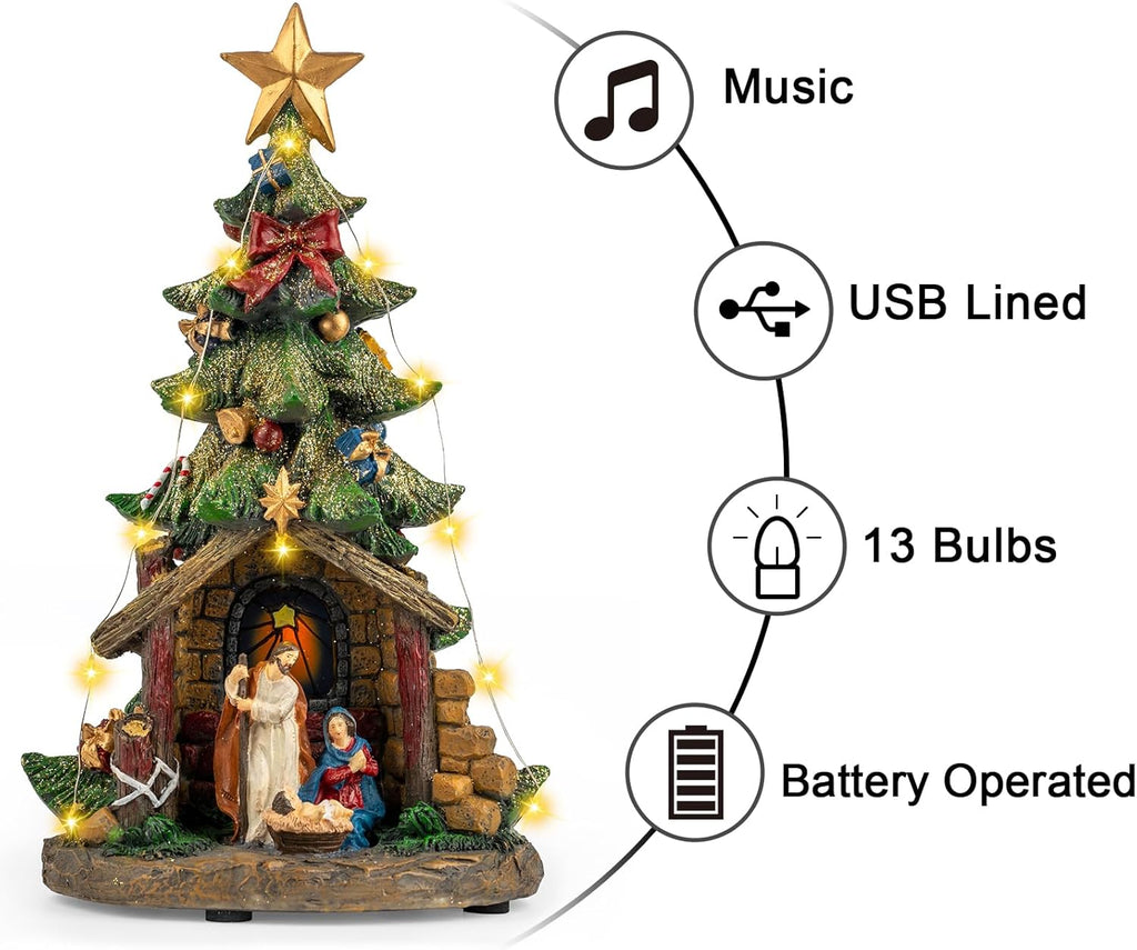 VISFLAIR 12'' Christmas Tree Nativity Scene - Lighted Musical Holy Family Figurines with LED & Silent Night Music