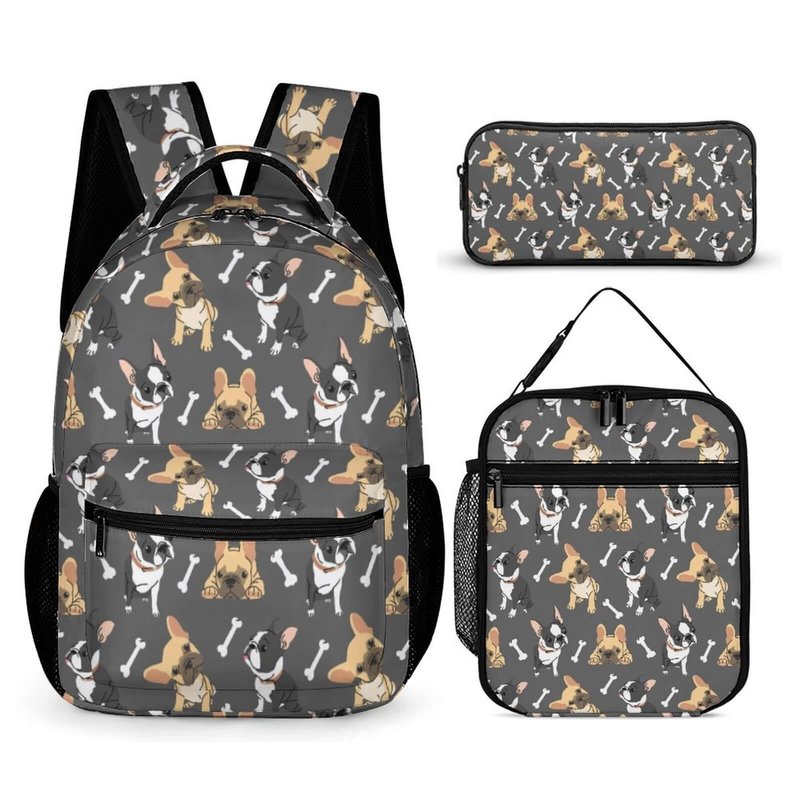 Homieblanket French Bulldog Backpack with Lunch Box & Pencil Case, 16 Inch Cute Dogs Themed Bookbag, Adjustable Lightweight, Colorful Backpacks Set for Kids Girls Boys