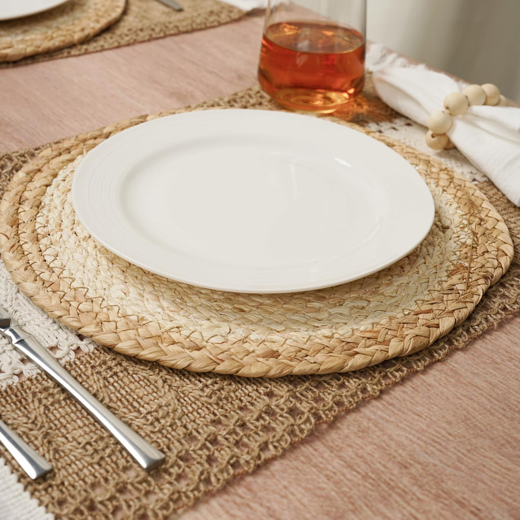Phantomon Boho Placemats Set of 4 with Wooden Bead Napkin Rings - Natural Cotton, Burlap Rectangular Mats and Handmade Straw Woven Round Placemats for Farmhouse Dining Table or Kitchen Decor