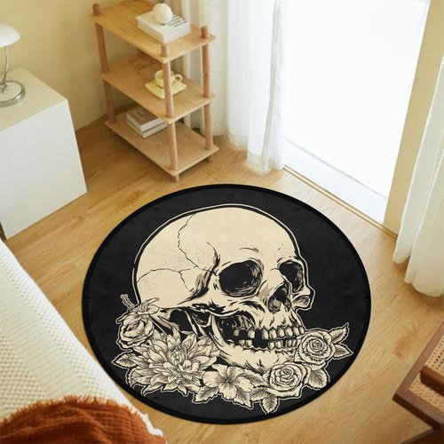 keepcute Round Skull Area Rug 5ft - Skull Rose Flower Black Round Carpet Non-Slip Rug Washable Floor Mats for Kitchen Bedroom Living Room, 5' x 5' Round