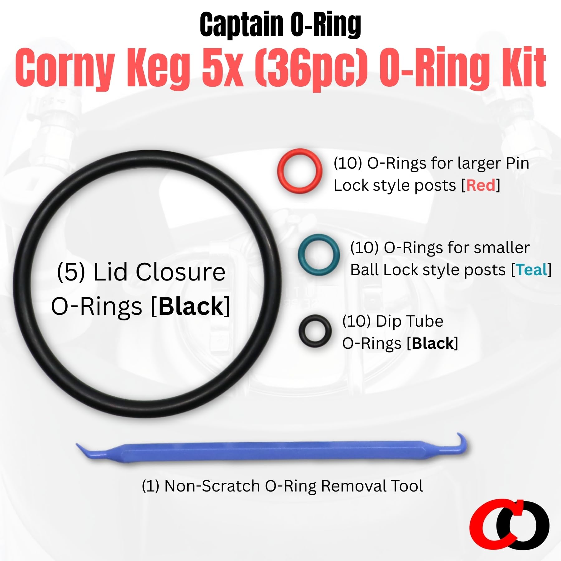 (5 Sets, 36 Piece) Color Coded Gasket Set for Cornelius Home Brew Keg [w/o-Ring Pick] - Universal Kit with Orings for Ball Lock and Pin Lock Style Kegs by Captain O-Ring