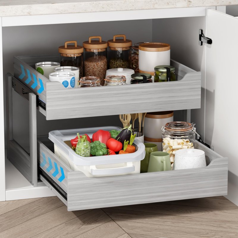 Landmok Pull Out Drawers For Cabinets, 18" W x 21.65" D x 17" H Slide Out Wooden Pull out Drawers, 2-Tier, Heavy-Duty Base Bottom Assembly Slide out Drawer Shelf Cabinet Organization for Kitchen, Gray