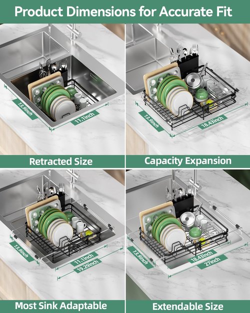 CosyPic Expandable in Sink Dish Drying Rack - Adjustable Capacity (11.1''-18.43 ''L) Over Sink Dish Drainer Drying Rack for Kitchen Counter, Dish Rack with Utensil Holder