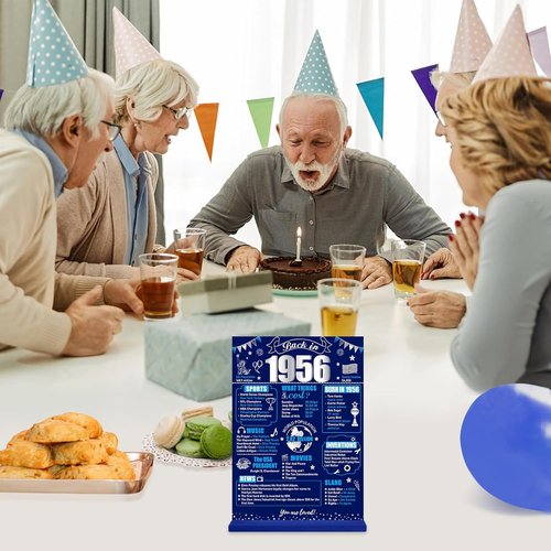 Back in 1956 70th Birthday Decorations - Two-Sided Wooden Table Sign with Stand | Blue & Silver
