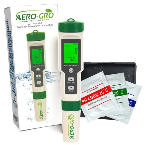 Aero-Gro 5-in-1 Digital Water Testing Meter | pH, TDS, EC, Salinity & Temperature Tester | Hydroponics, Aquarium, Pool & Drinking Water Quality Monitor