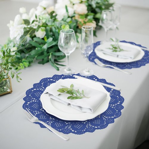 MCEAST 100 Pack Round Blue Paper Doilies 13.5 Inches Lace Place Mats Rustic Scallop Doily Disposable Paper Table Pads for Food Cakes Crafts Party Weddings Tableware Decor