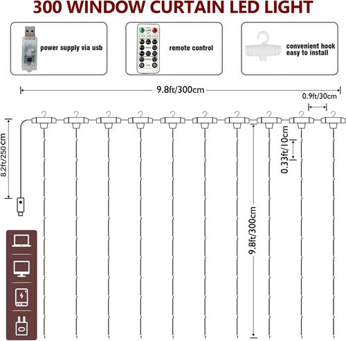 HOME LIGHTING 300 LED Window Curtain String Lights - 8 Modes, USB Powered, Waterproof for Christmas & Party Decor