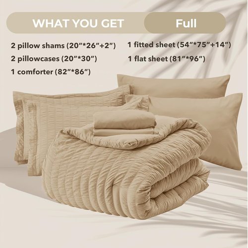 HYMOKEGE Comforter Set - Luxurious 7-Piece All-Season Bedding in Khaki | Soft Seersucker Design