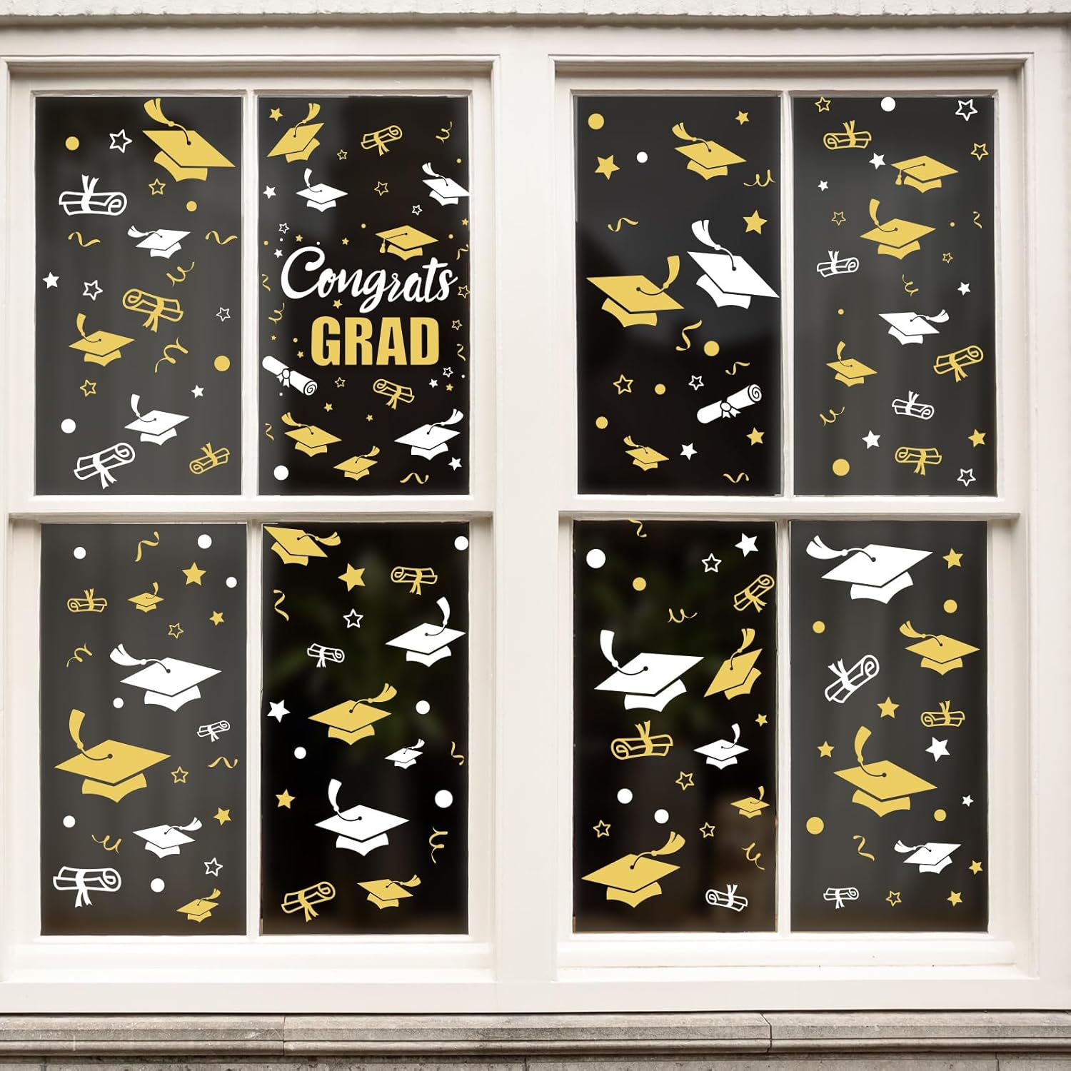Whaline Graduation Window Clings - 236 Pcs Double-Sided White & Gold Cap & Diploma Decor | Perfect for College Seniors