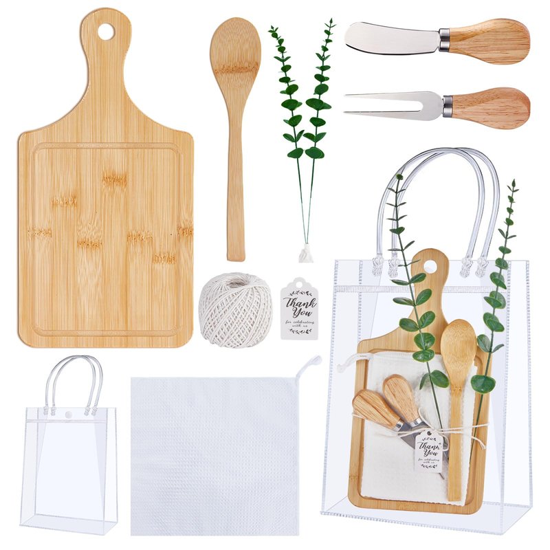 Baby Shower Prizes for Game Winners Bamboo Cheese Board Spoon Fork Butter Spreaders Plaid Towel Thank You Card and Gift Bags for Baby Shower Wedding Bridal Shower Favors (Bamboo, 1 Set)