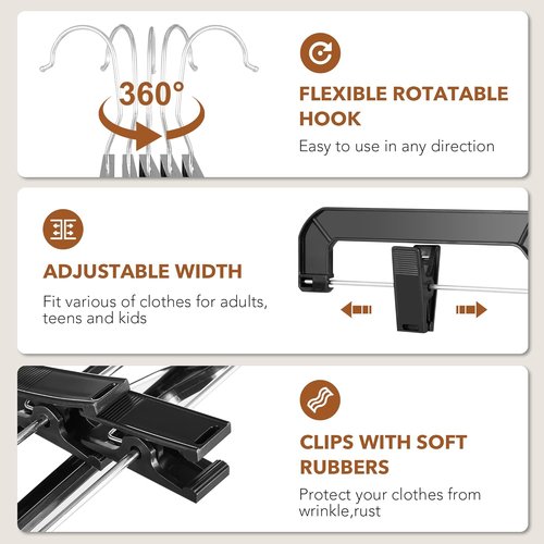 HOUSE DAY Black Pants Hangers - 12 Pack Plastic Clip Hangers for Skirts, Jeans & Shorts | 14-Inch with 360-Degree Swivel Hook