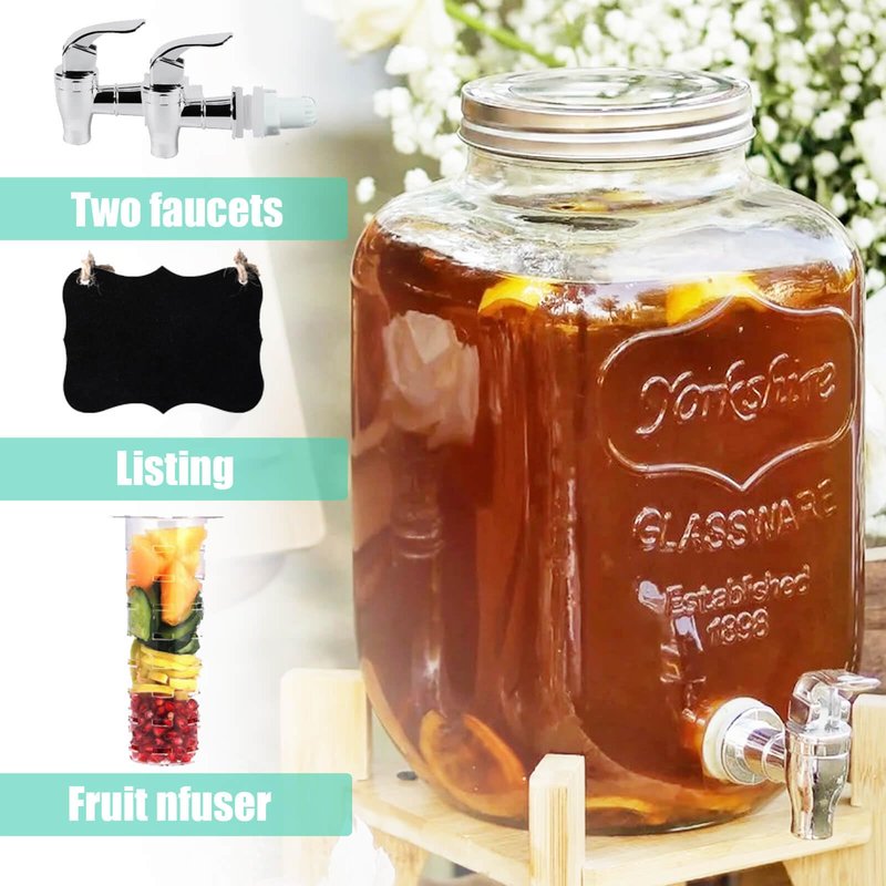 1 Gallon Glass Drink Dispensers for Parties, Large Beverage and Water Dispenser, Lemonade Dispenser, Sun Tea Glass Jar for Outside, With a Fruit Infuser, Two Spigots (PP Spigots)