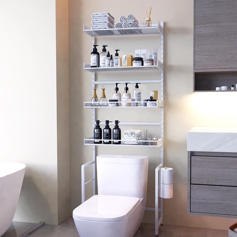 Tokokimo Over The Toilet Storage Shelf，4 Tier Over Toilet Bathroom Organizer with Adjustable Shelf Waterproof Feet Pad and Basket, Freestanding Bathroom Shelves Above Toilet Space Saver, White