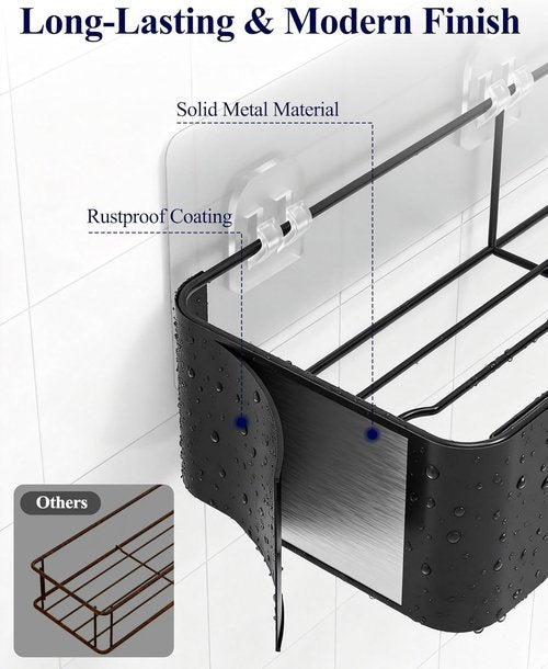 Kitsure Shower Caddy Adhesive | Rustproof 6-Pack No-Drill Bathroom Organizer - Large Black Shelves with Hooks