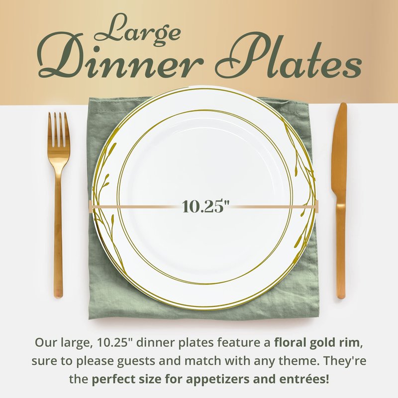 Reli. Disposable Plastic Plates, White & Gold Rim (110 Pcs, 10.25") | Hard Plastic Dinner Plate | Elegant, Heavy Duty Disposable Round Platters for Party, Wedding, Event, Christmas (Gold Trim)