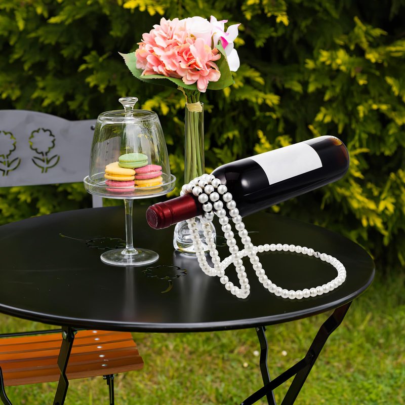 BESPORTBLE Artificial Pearl Necklace Floating Wine Rack, Metal Wine Bottle Holder Novelty Single Wine Bottle Stand for Bar and Home Decoration
