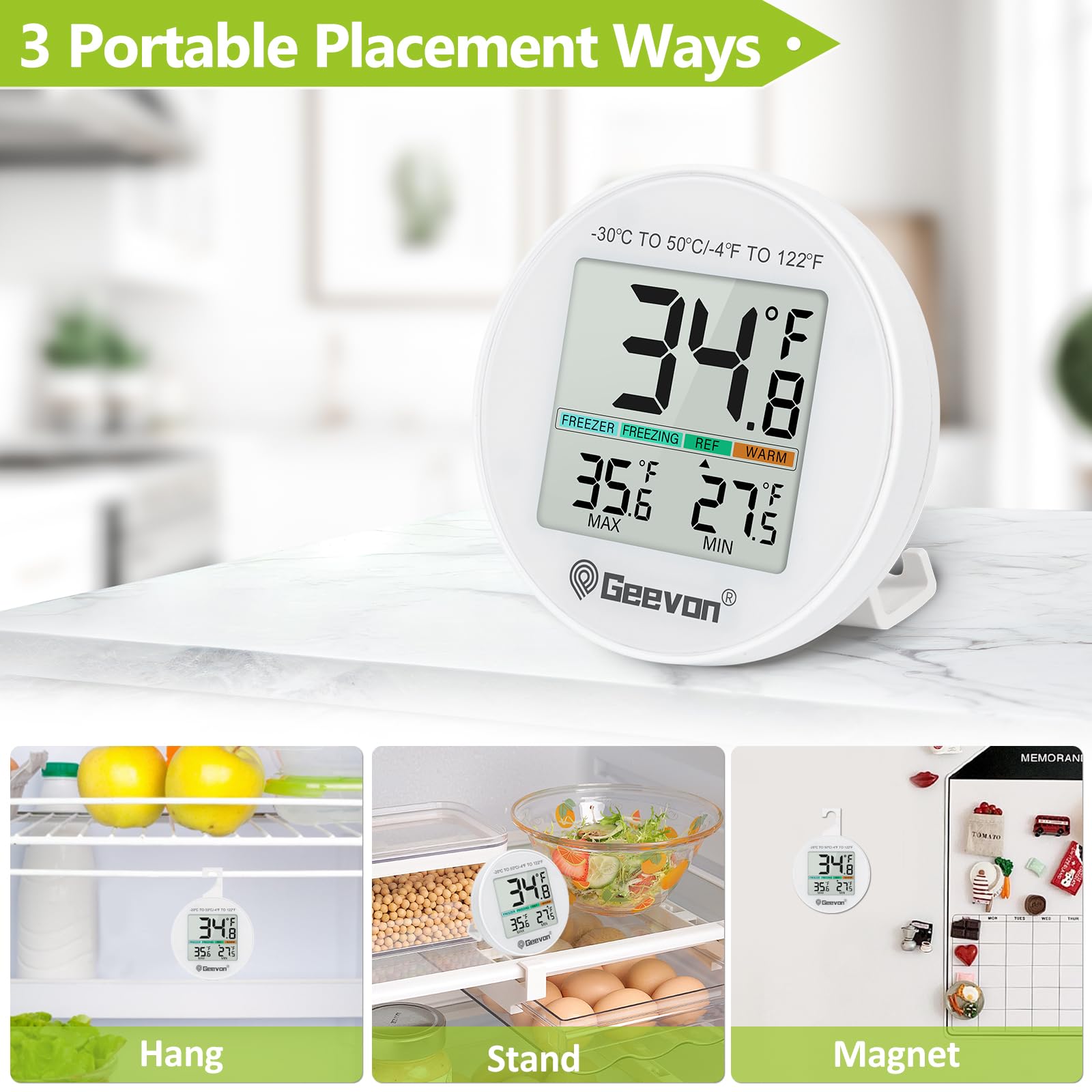 Geevon Small Digital Refrigerator Thermometer 10 Pack, IP65 Waterproof Commercial and Home Use, Max/Min Record Function with LCD Screen, Stand and Magnetic Back, for Fridge, Freezer Scenarios