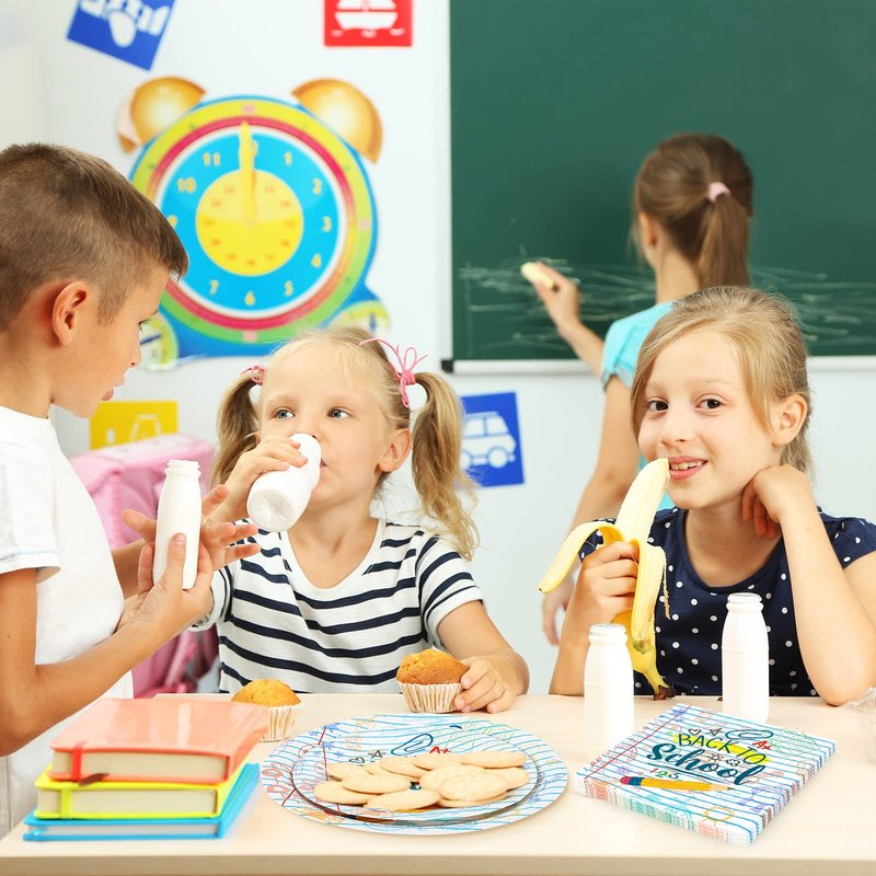 Whaline 75Pcs Back to School Tableware Set Homework Pencil Prints Disposable Dinnerware Set 50Pcs Paper Plates 25Pcs Lunch Napkins for First Day of School Party Supplies Decorations