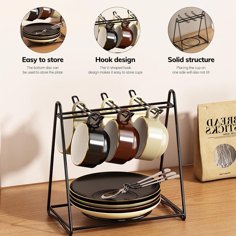 Tea Cups and Saucers Holder,Black Metal Coffee Cup Tea Cups Rack,Organizer for Coffee Cup Spoon and Saucers