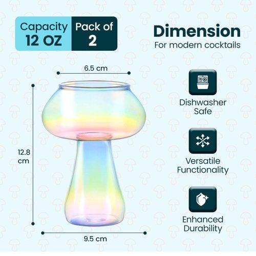 TMNOVO Cocktail Mushroom Glasses - Iridescent Cute Glass Cups Set - 2 Pcs Dishwasher Safe Rainbow Glass Mushroom Vase - 12Oz Mushroom Cup - Gifts for Mushroom Lovers
