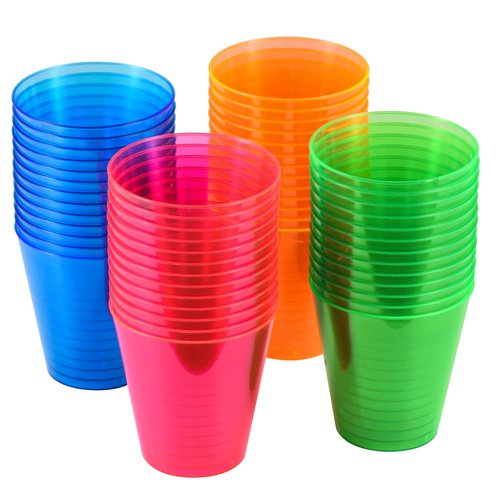 QIANQUEYUE 250 Pack 2oz Disposable Hard Plastic Cups Shot Glasses, Jello Cups, Iridescent Neon Birthday Christmas Party Supplies