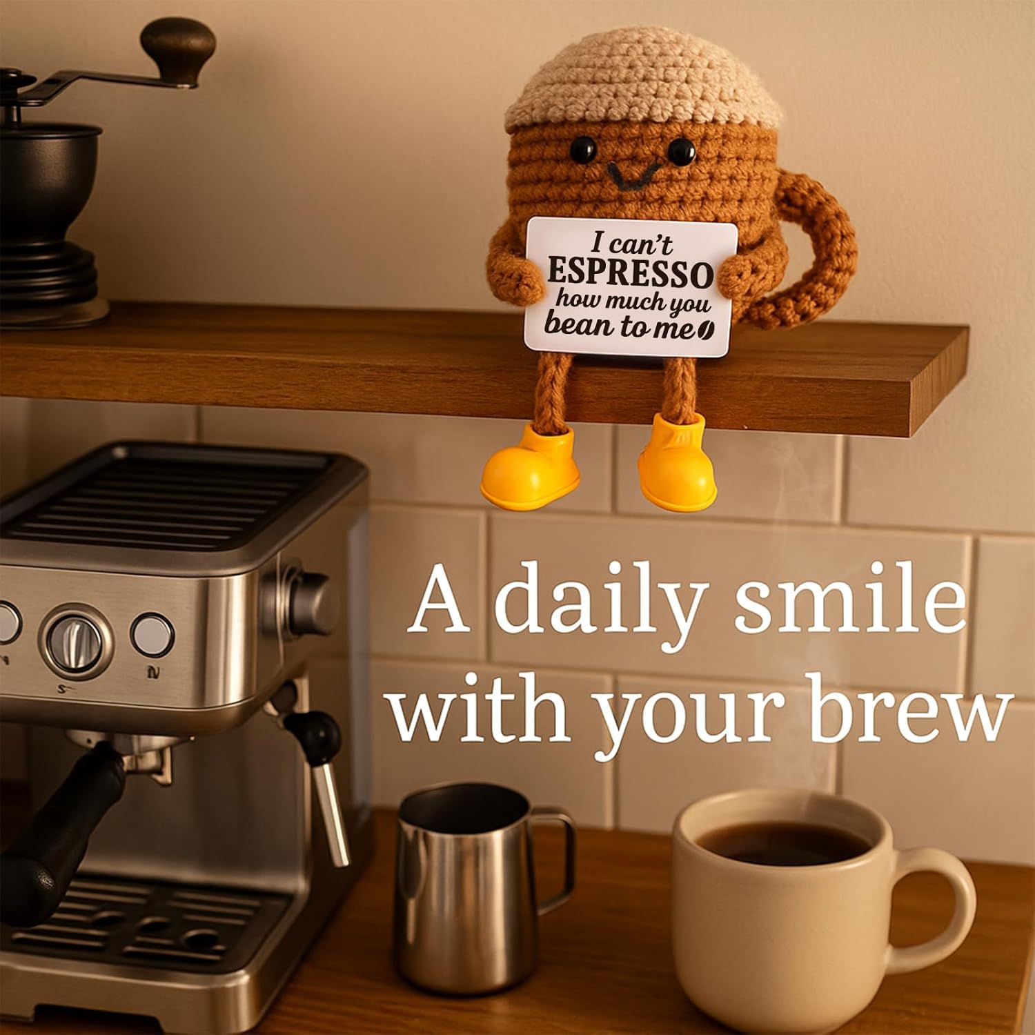 Positive Crochet Coffee Cup | Cute Desk Decor Gift for Coffee Lovers - Perfect for Him & Her