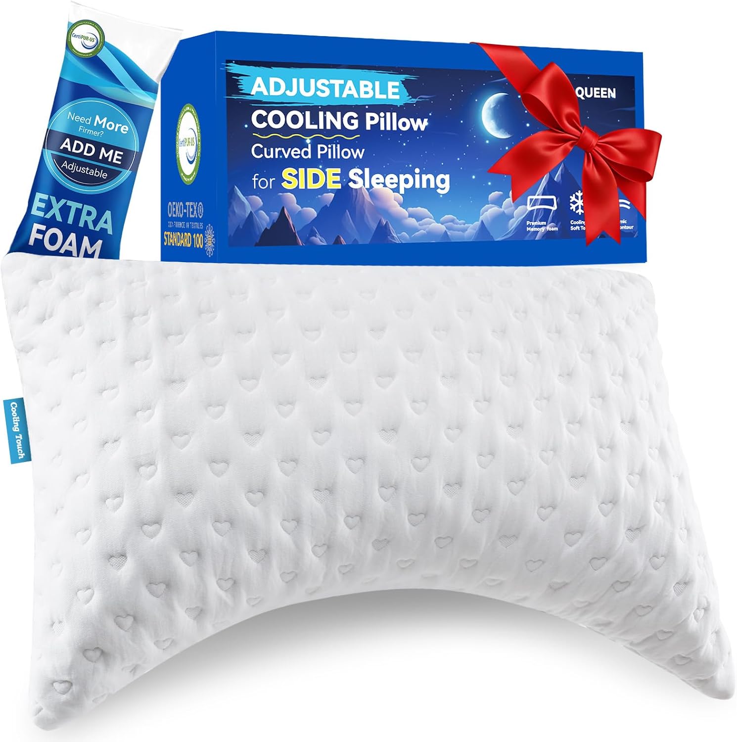 Skiennix Side Sleeper Pillow - Ergonomic Curved Design, Adjustable Memory Foam, Cooling Cover, Queen Size