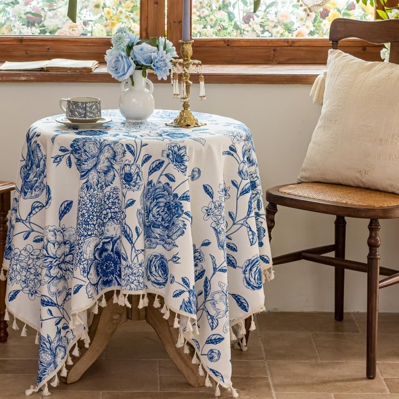 F-CHU Blue Floral Tablecloth Square Cotton Linen Table Cloth with Tassels for Restaurant, Picnic, Indoor and Table Cover Home Decoration 60x60-Inch