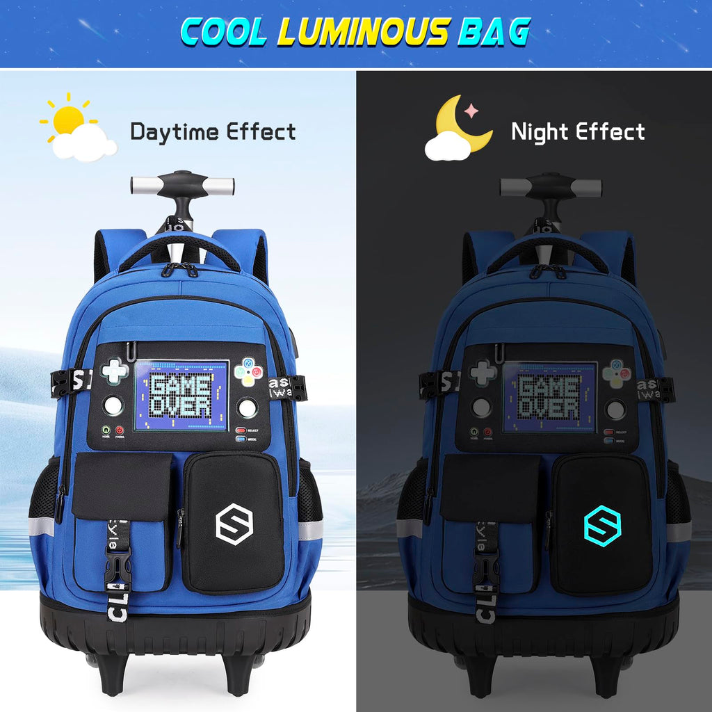 Scothen Rolling Backpack for Boys, Cool Luminous Gamer Roller School Backpacks for Boys with Lunch Bag and Pencil Pouch, Kids Backpack Bookbag with Wheels for Kindergarten Elementary Middle School