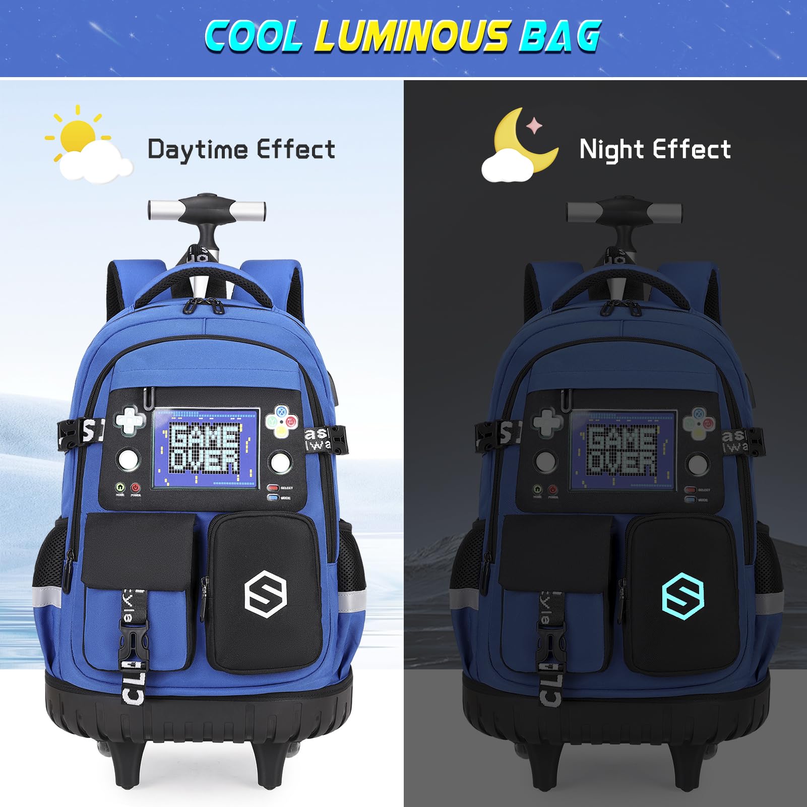 Scothen Rolling Backpack for Boys, Cool Luminous Gamer Roller School Backpacks for Boys with Lunch Bag and Pencil Pouch, Kids Backpack Bookbag with Wheels for Kindergarten Elementary Middle School