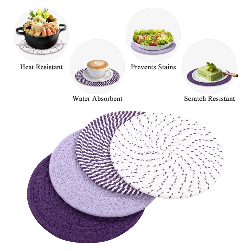 SHACOS 8 Inches Trivets for Hot Dishes, 4 Pieces Cotton Trivets Mats for Kitchen, Hot Pads for Countertops and Table, Heat-Resistant Pot Holders for Hot Pots and Pans(Purple, 4pcs)