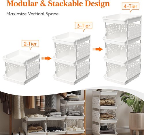 Lifewit Stackable Storage Baskets - 4-Tier Multifunctional Organizer for Kitchen, RV & Bathroom | 13.8"D x 11.8"W x 28.3"H, White