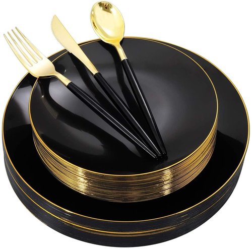 Nervure 150PCS Black Plastic Plates - Black and Gold Disposable Plates - Premium Heavyweight Gold Plastic Dinnerware with Black Silverware Ideal for Wedding & Halloween & New Year