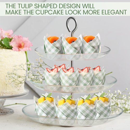 Maxdot 200 Pcs Sage Green Gingham Plaid Tulip Cupcake Liners for Baking Paper Muffin Baking Cups Checkered Tulip Muffin liners Wrappers for Bridal Baby Shower Wedding Birthday Party Decor
