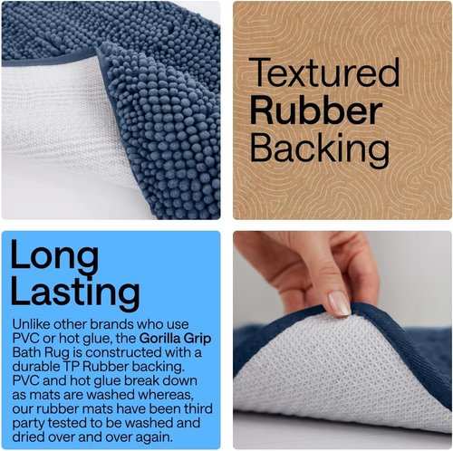 GORILLA GRIP Bath Rug Mat - Soft Absorbent Chenille | Quick Dry Microfiber, 60x17, Navy Blue