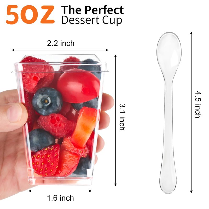 Soelomu 100 Pack 5 oz Plastic Dessert Cups with Lids and Spoons, Mini Parfait Cups Clear Dessert Shooter Cups for Banana Pudding, Jello, Fruit, Appetizer, Trifle