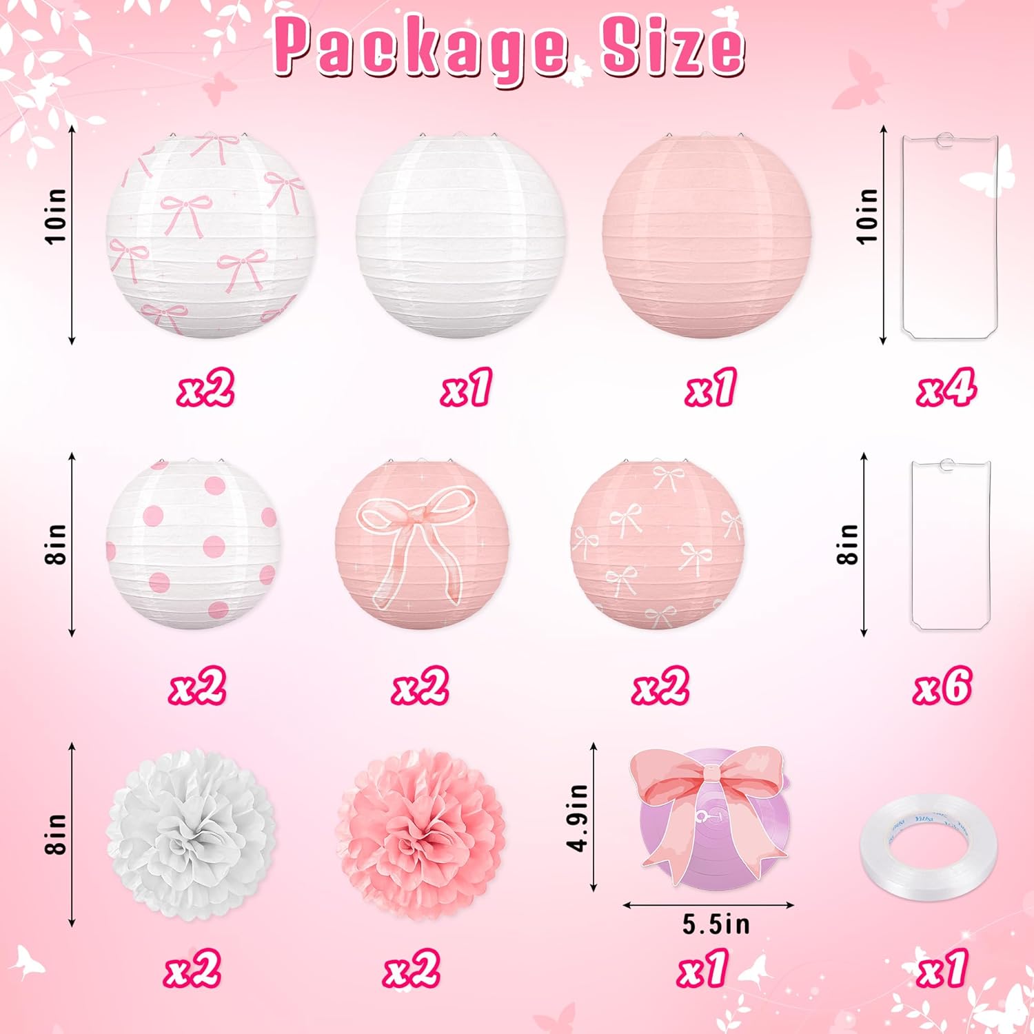 Skiennix 15Pcs Pink Bow Paper Lanterns - Birthday Party Decorations for Girls & Baby Showers