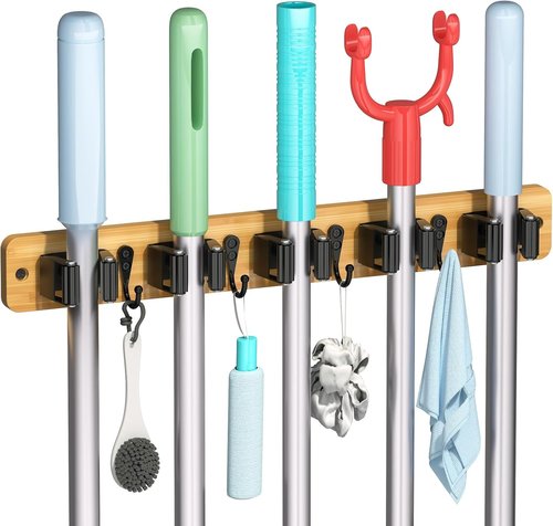 IMILLET Broom Holder Wall Mount - Bamboo Mop Organizer with 5 Racks & 4 Hooks | Ideal for Home Storage