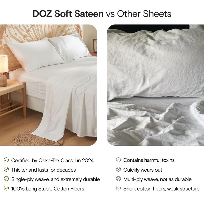 DOZ 100% Long Staple Cotton Sheet Sets, Soft Sateen Weave Cotton, Smooth, Breathable, Cooling Sheets, Hotel Comfort, Durable, 4pc – 2 Pillowcases 1 Fitted 1 Flat (Clay, Queen)