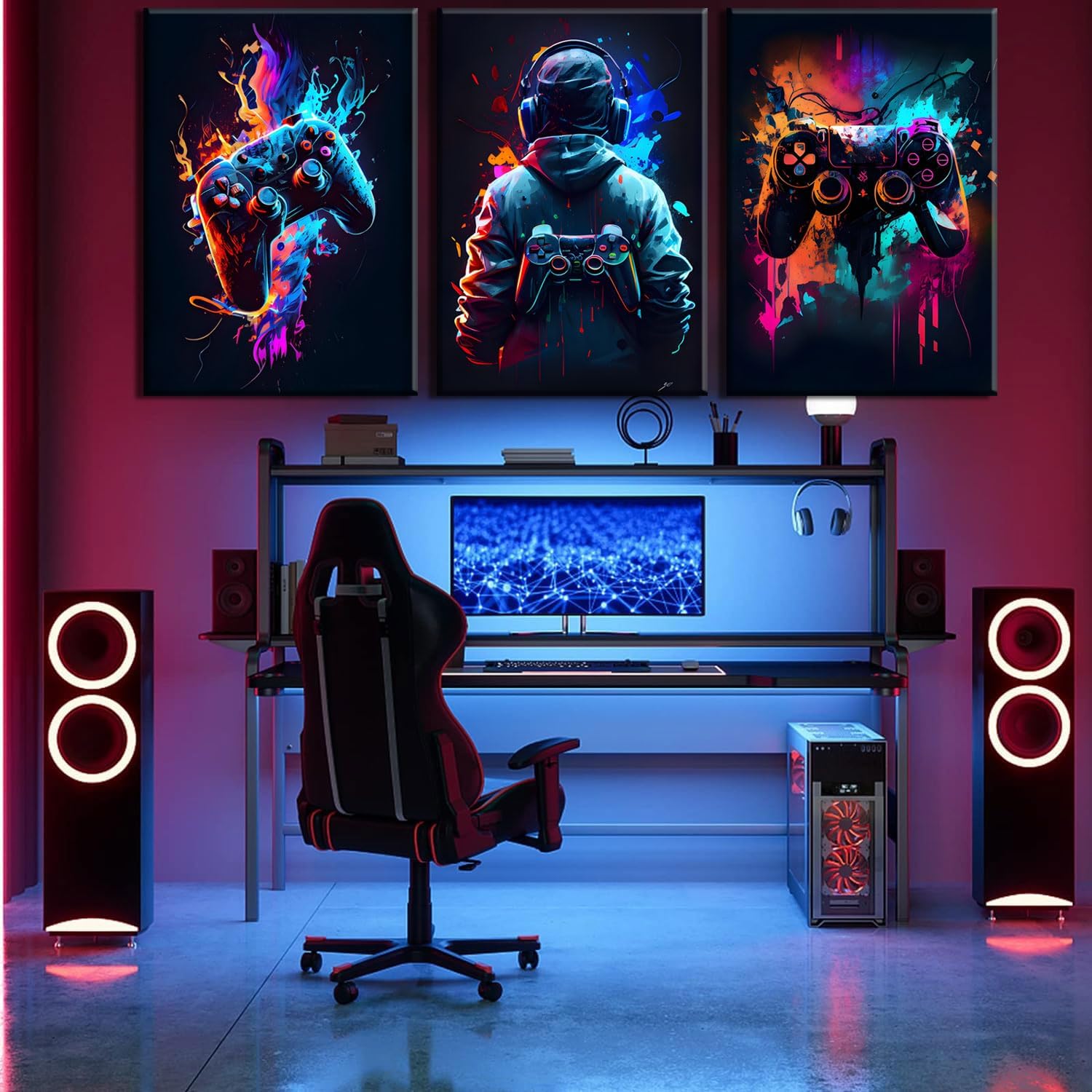 Skiennix Cool Gaming Wall Art - Retro Video Game Watercolor Posters | Colorful Neon Gamepad Canvas Prints for Kids' Rooms
