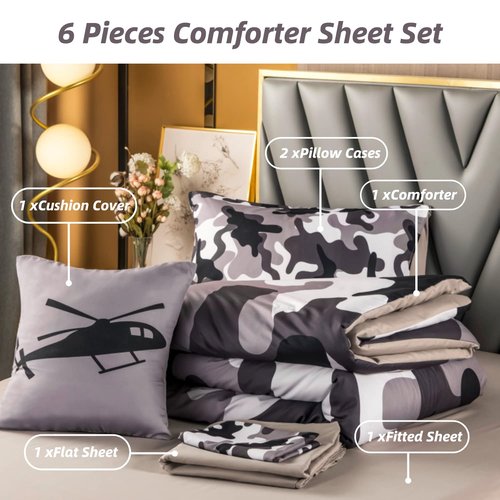 PERFEMET 6 Pcs Comforter Set Full Size Grey Camo Comforter Bed Sets with Sheets for Boys Girls Teens Farmhouse Camouflage Amy Style Bedding Bed in a Bag for All Season(Full, Grey)