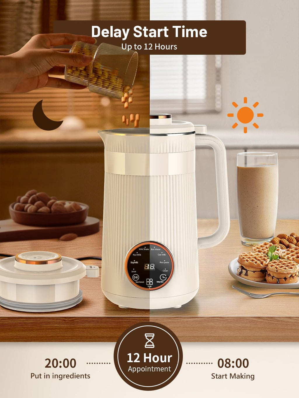 Nut Milk Maker Machine, 35oz Homemade Soy, Almond, Oat, Coconut, Plant Based and Non Dairy Beverages, 8 in 1 Automatic Soybean Machine With 12H Delay Start/Keep Warm/Boil Water