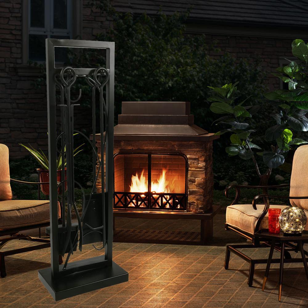 Lizh Metalwork 5 Piece Black Steel Fireplace Tool Set Fireplace Tool Furnace Accessory Kit,Fire Place Set Tools Include Poker,Tongs, Shovel,Brush and Stand Accessories Set,Black