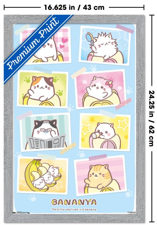 Bananya - Grid Wall Poster, 22.4L" x 14.7W", Gray Framed Version