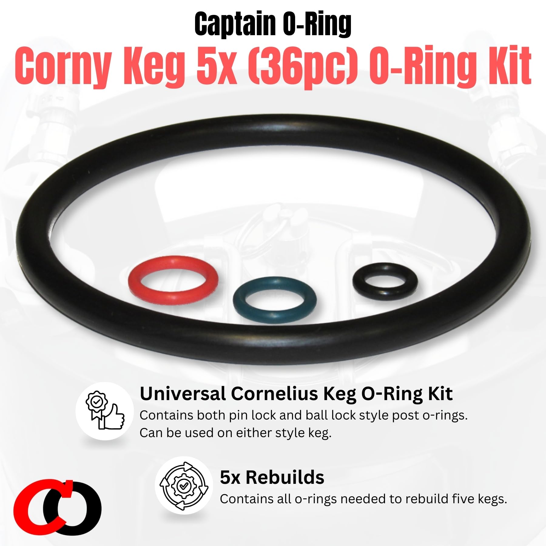(5 Sets, 36 Piece) Color Coded Gasket Set for Cornelius Home Brew Keg [w/o-Ring Pick] - Universal Kit with Orings for Ball Lock and Pin Lock Style Kegs by Captain O-Ring