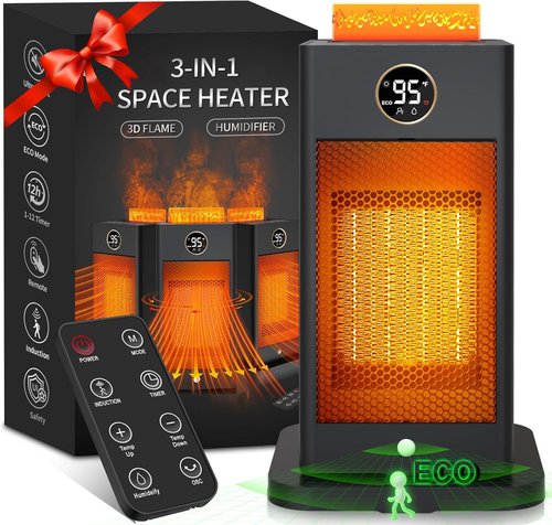 3-in-1 Space Heater,Humidifier/Sensor/ECO,Electric Heater with 90°Oscillating/Thermostat/12H Timer/Dual Control,Space Heater Indoor with 3D Flame Ambiance/Heater Heat Up 260 sq.ft(Amber Black)