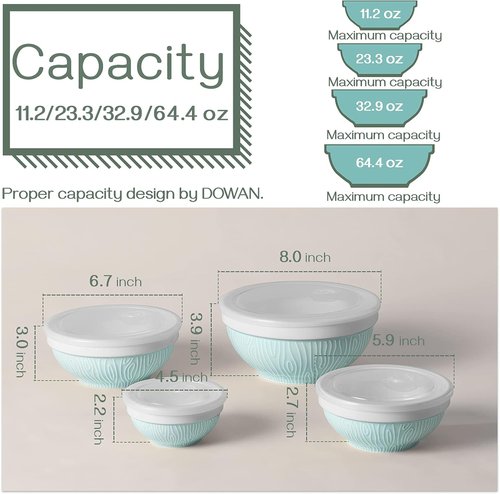 DOWAN Mixing Bowls Set - Ceramic Serving Bowls with Lids for Food Storage | 4-Piece Turquoise Set (64/32/24/12 Oz)
